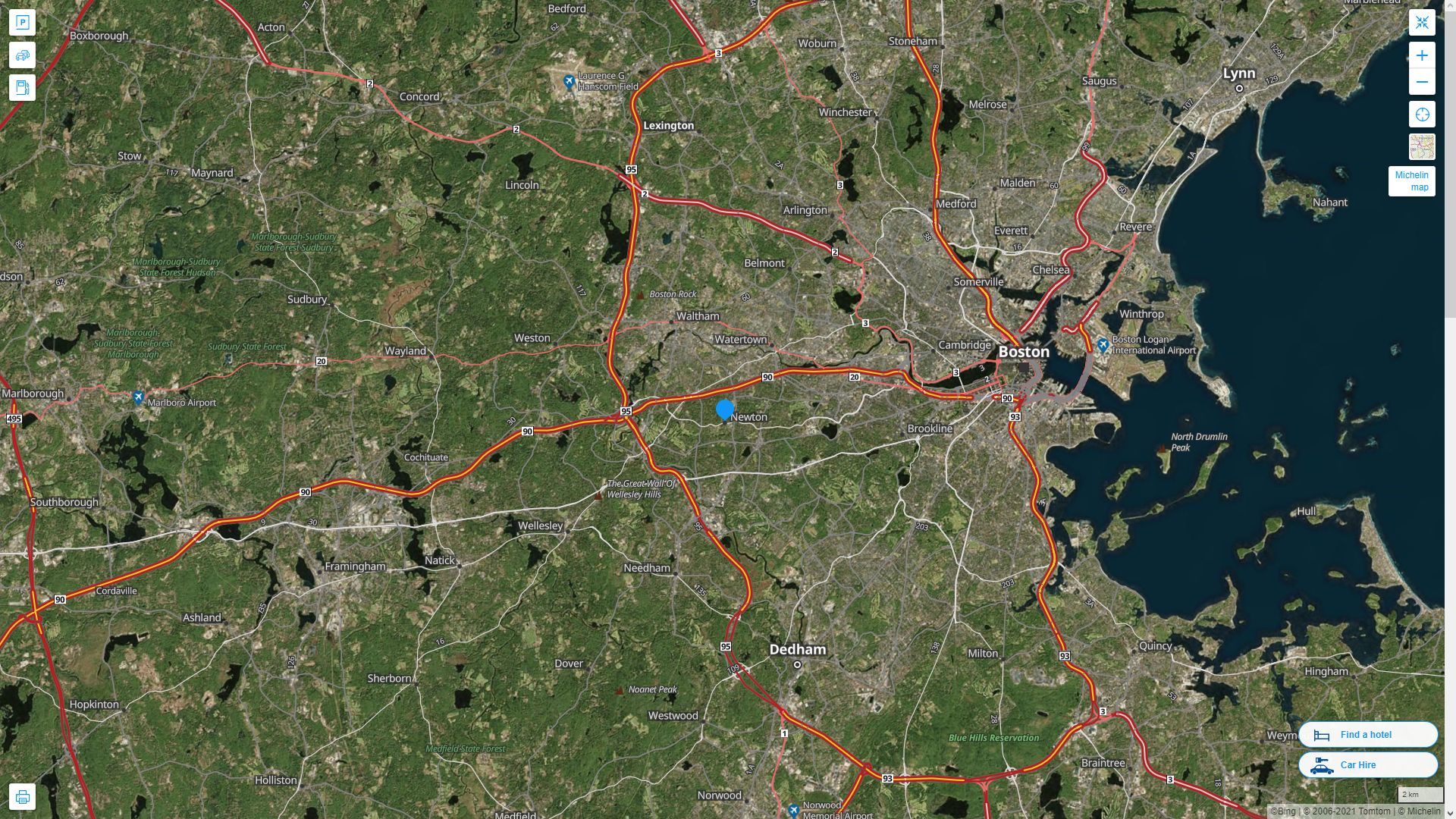Newton Massachusetts Highway and Road Map with Satellite View